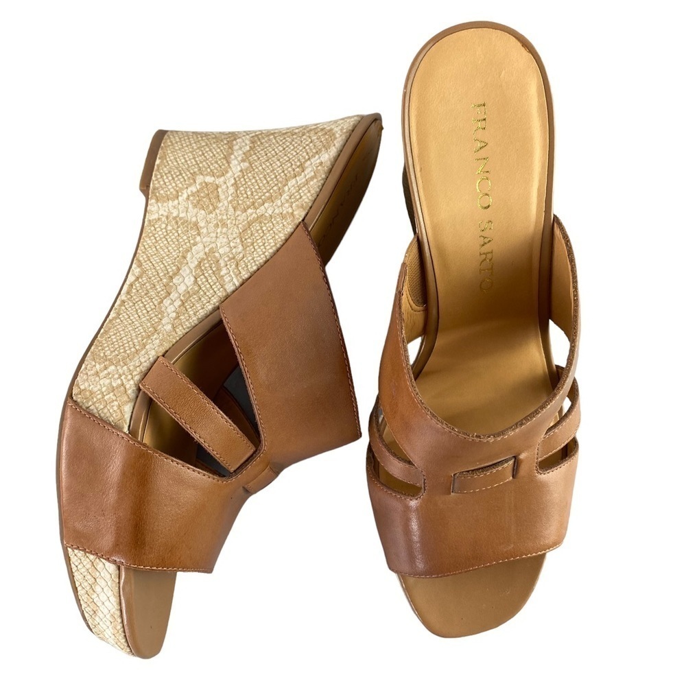Franco Sarto Carlita brown slide sandals with snakeskin print wedge heel, 7.5M
